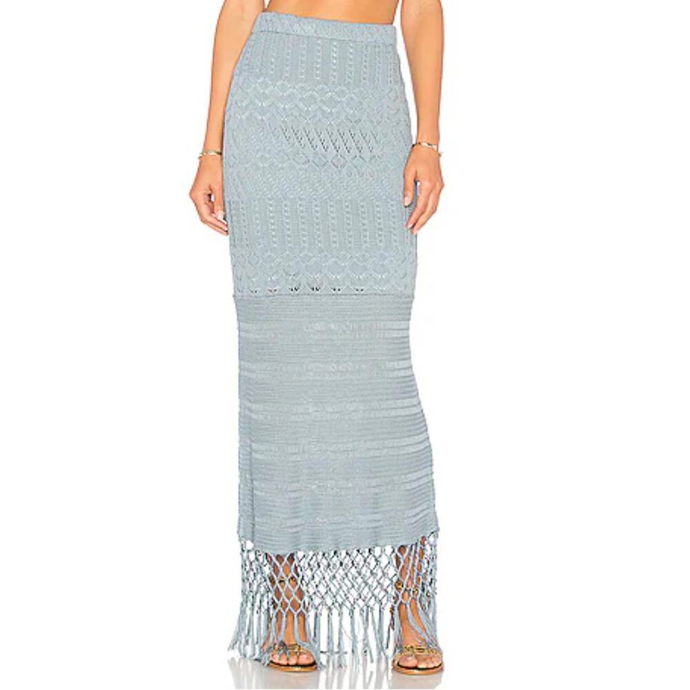 Light Blue Crochet Fringe Maxi Skirt